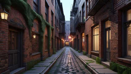 Obraz premium Cobblestone alleyway dusk cityscape urban brick buildings