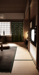 Japan modern room interior cleaning room with tatami mat and lamp Japanese style. 3D rendering