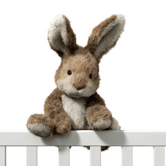 Obraz premium Adorable Brown Bunny Rabbit Toy Sitting on a White Crib Rail