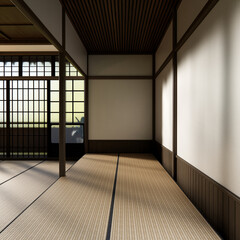 Obraz premium Japan modern room interior cleaning room with tatami mat and lamp Japanese style. 3D rendering