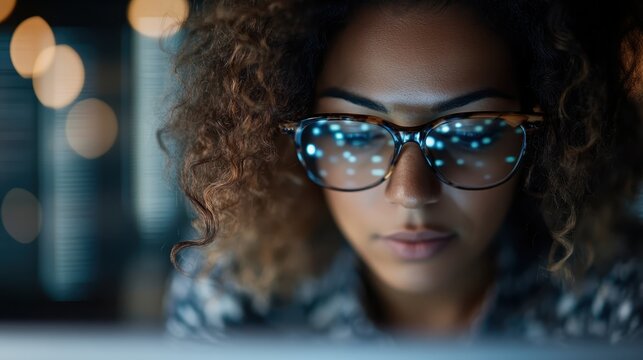 An intense portrait of a woman with curly hair, studying content on a laptop, embracing a comfortable workspace with ambient light reflecting on glasses; perfect for tech themes.