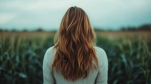 A serene image of a woman standing in a verdant field, showcasing free-flowing hair and a calm demeanor, embodying tranquility and connection with nature; ideal for outdoor themes.
