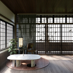 Japanese traditional low table and decoration on minimal muji room japan style.3D rendering