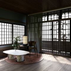 Japanese traditional low table and decoration on minimal muji room japan style.3D rendering