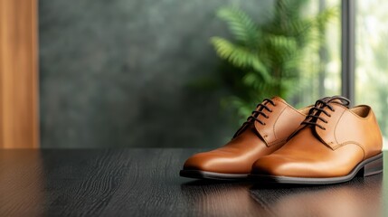 A pair of classic brown leather shoes displayed on a sleek black table, showcasing exquisite craftsmanship and style, creating a timeless statement in fashion and elegance.