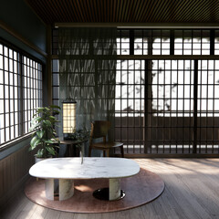 Japanese traditional low table and decoration on minimal muji room japan style.3D rendering