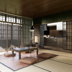 Japanese traditional low table and decoration on minimal muji room japan style.3D rendering