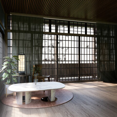 Japanese traditional low table and decoration on minimal muji room japan style.3D rendering