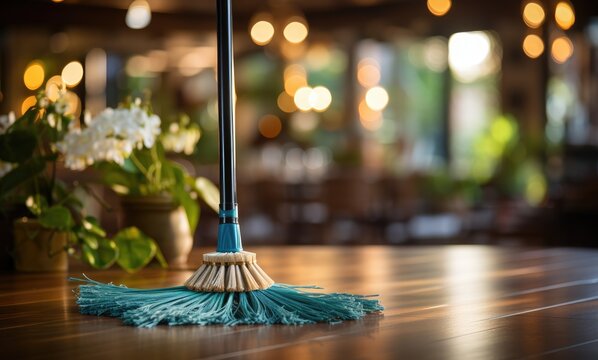 An artistic view of a traditional mop resting on a beautifully polished wooden table, symbolizing cleanliness and simple elegance in a creatively designed space.