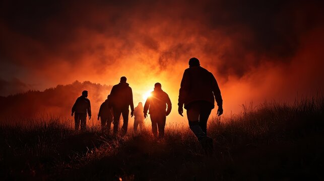 A group of silhouetted figures walk towards a blazing sunset, surrounded by mist, creating a dramatic scene that conveys mystery and adventure.