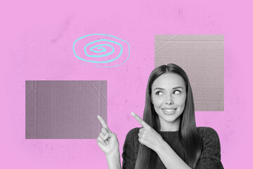 Art image full 3d photo collage of happy guy girl stand hypnosis doodle fake news propaganda...