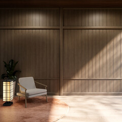 Muji style Empty room minimal with wood panels wall background 3D illustration rendering