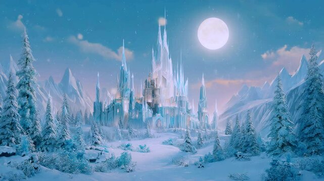 Dream castle in fairy tale world. Fantasy castle in the forest. Fairy lights sparkling in dreamy landscape. Princesses castle