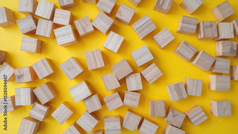 Poster simple wooden cubes placed randomly on a bright yellow background create a unique and interesting vi
