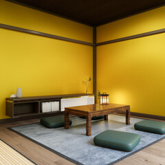Japanese traditional low table and decoration on minimal muji room japan style.3D rendering