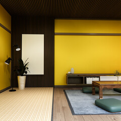 Japanese traditional low table and decoration on minimal muji room japan style.3D rendering