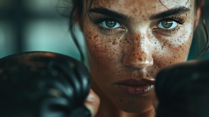 A fierce female boxer stares down the camera, capturing her intense focus and determination while wearing boxing gloves, ready to deliver a knockout performance in her sport.