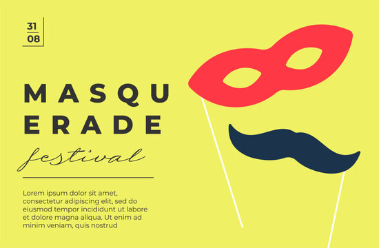 Festive masquerade carnival poster with ornate mask and vibrant parade theme. Minimal horizontal layout with bold text and decorative flair. Perfect for Mardi Gras or Purim party invites. Flat eps art