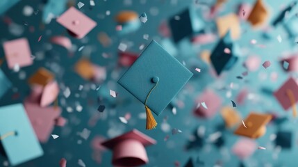 A lively scene of graduation caps flying in the air amidst colorful confetti, capturing the joyous moment of achievement and celebration in a vibrant and fun atmosphere.