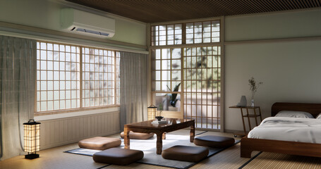 Japanese traditional low table and decoration on minimal muji room japan style.3D rendering
