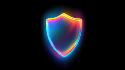 Glowing multicolored shield on black background symbolizes digital security and protection