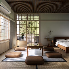 Japanese traditional low table and decoration on minimal muji room japan style.3D rendering