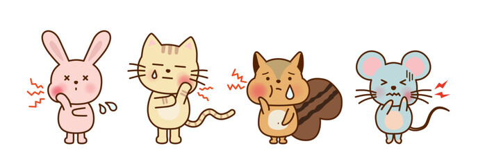 歯が痛くて顔をしかめる動物たちのかわいいイラストセット（うさぎ・ねこ・ネズミ・リス）