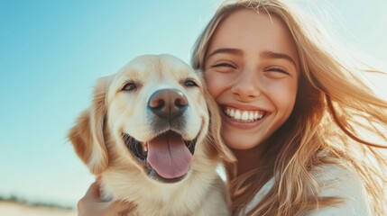 A delightful image of a girl joyfully posing with her golden retriever in a sunny outdoor setting, symbolizing happiness, companionship, and love between pets and their owners.
