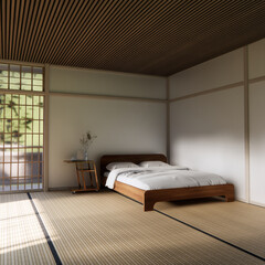 Bed room Japanese traditional and mattress bed modern and decoration to make the room look culture . 3D rendering
