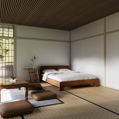 Bed room Japanese traditional and mattress bed modern and decoration to make the room look culture . 3D rendering