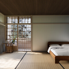 Bed room Japanese traditional and mattress bed modern and decoration to make the room look culture . 3D rendering