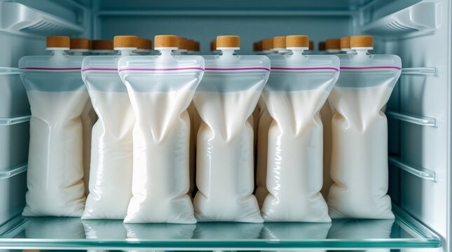 Breast milk storage bags lined in refrigerator shelf