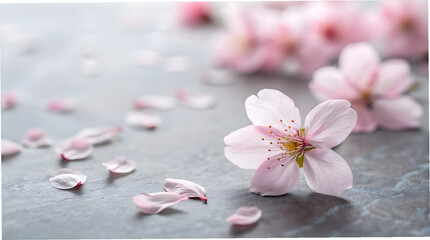 Fototapeta premium Pink sakura flowers on grey stone surface