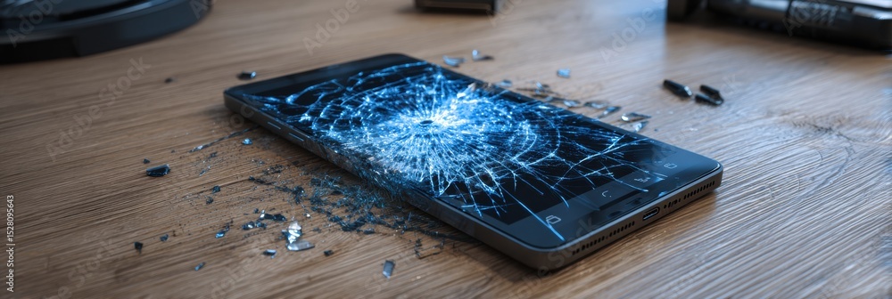 Aufkleber busted touchscreen device lying on wooden surface showing system failure and cracked screen in a cle