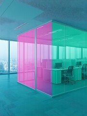 Modern office interior showcasing colorful glass partitions and work areas