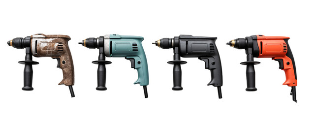 A row of four different types of power tools