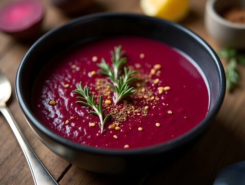 Beetroot cream soup with thyme and spices in black bowl on wooden table