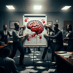 business zombies standing around a flipchart with brain.Generative AI