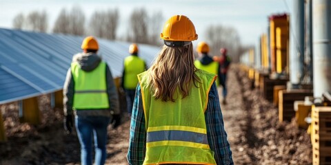 Team of renewable energy engineers walking towards solar panel array, worker with hard hat and safety vest inspecting photovoltaic cell system construction and installation