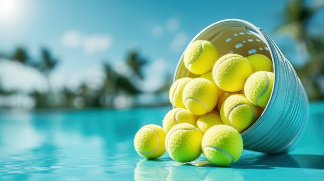 A vibrant bucket spilling over with bright yellow tennis balls rests beside a tranquil pool, surrounded by lush greenery and a clear blue sky, evoking summer leisure and fun.