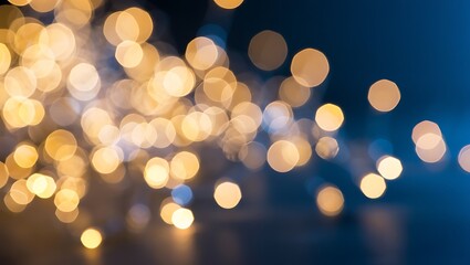 Golden, Blue Bokeh Lights Abstract Festive Background, Sparkling, Shimmering, Glowing, Blurred, Night, Celebration, Party, Illumination
