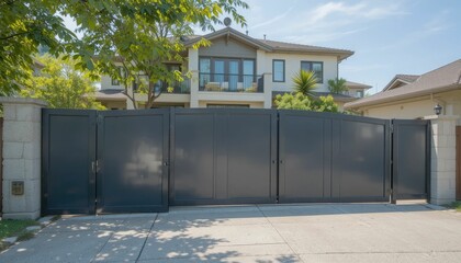 For protection and style, a modern suburban home's entry has a classic gray sliding steel gate.