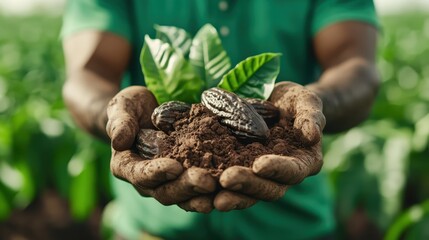Hands muddy from the soil cradling cocoa pods symbolize the connection between nature and nurturing, showcasing the importance of sustainable agriculture.