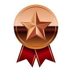 Bronze glossy mirror medal with red ribbons and star for sport and games