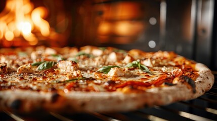 A mouthwatering pizza fresh out of a wood-fired oven showcases the perfect blend of toppings and gooey cheese, perfect for any food lover.