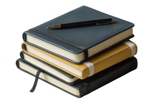 Stack of three notebooks in different colors, with sleek pen resting on top, evokes sense of organization and creativity, Isolated cutout on a transparent background