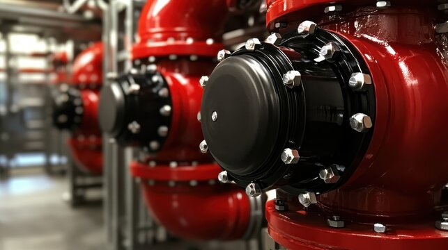 The striking red pipes and machinery showcased in this image underscore the mechanical aspects of industrial operations, emphasizing the intricacies and focuses of manufacturing processes.