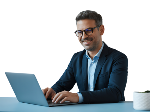 Happy man in suit using laptop computer. - Powered by Adobe