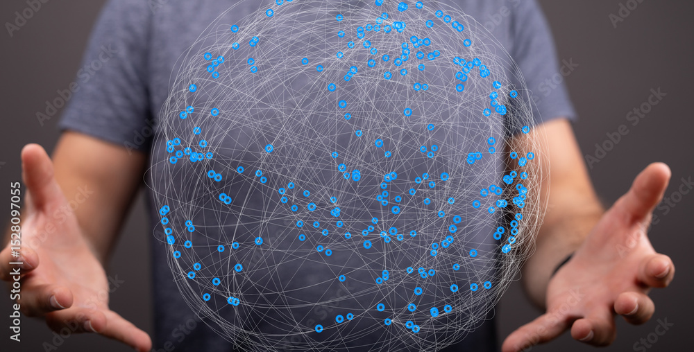 Aufkleber Person presenting a digital sphere representing global network connections and data flow.