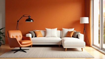Modern living room interior design orange walls white sofa